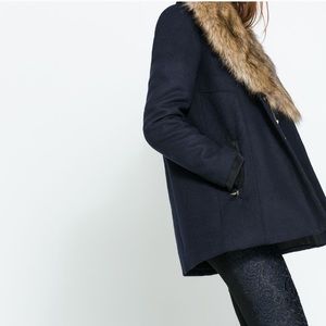 Zara Navy Coat with Faux Fur Collar